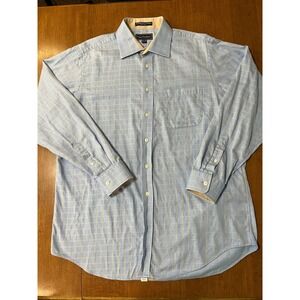 Paul Fredrick LG Mens Dress Shirt 16 1/2 35 Blue Yellow Plaid 100% Cotton Dobby‎